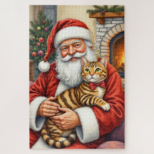 Puzzle Santa Claus Holding Bengal Cat Christmas Art (Vertical)