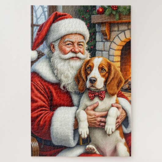 Puzzle Santa Claus Holding Brittany Spaniel Christmas Art (Vertical)