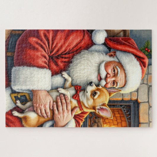 Puzzle Santa Claus Holding Chihuahua Christmas Art (Horizontal)