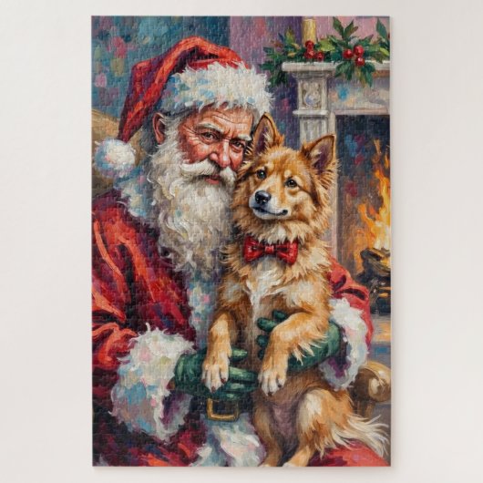 Puzzle Santa Claus Holding Finnish Lapphund Christmas Art (Vertical)