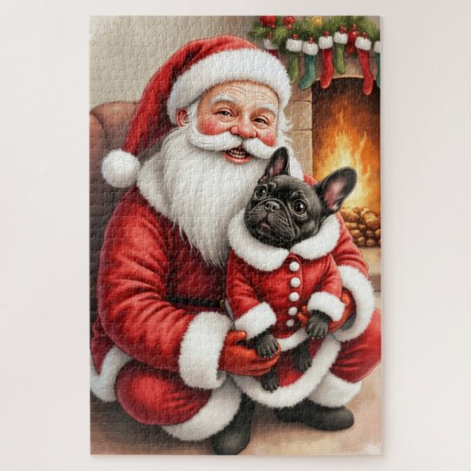 Puzzle Santa Claus Holding French Bulldog Christmas Art (Vertical)