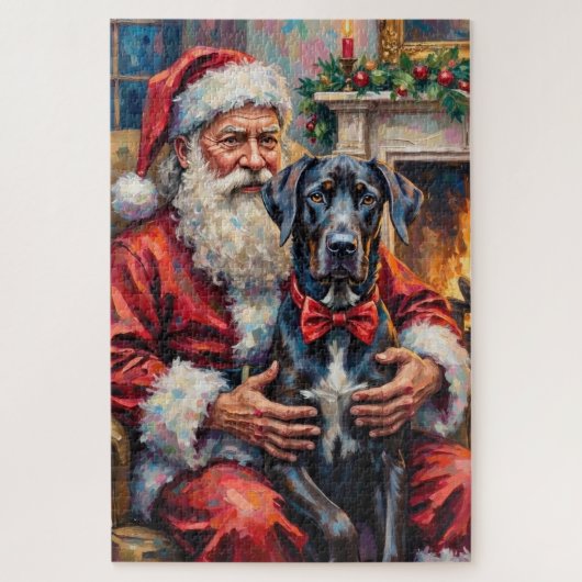 Puzzle Santa Claus Holding Great Dane Christmas Art (Vertical)