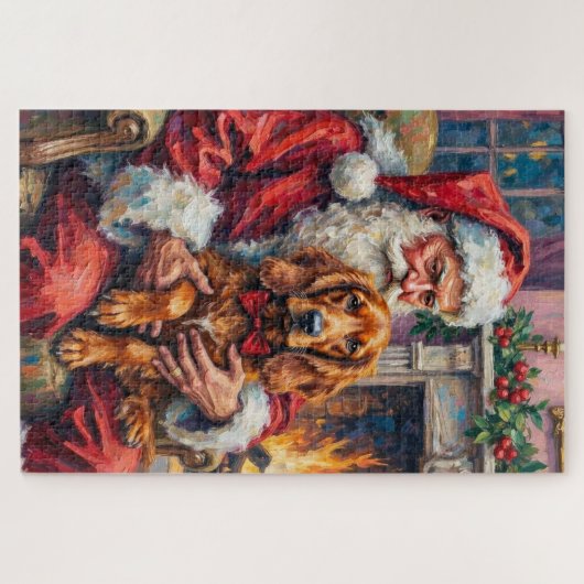 Puzzle Santa Claus Holding Irish Red Setter Christmas Art (Horizontal)