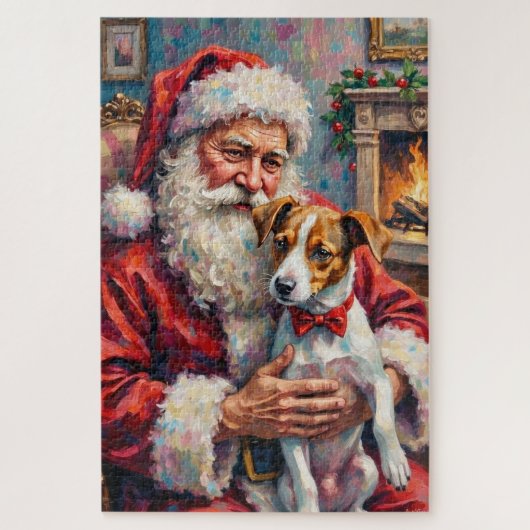 Puzzle Santa Claus Holding Jack Russell Christmas Art (Vertical)