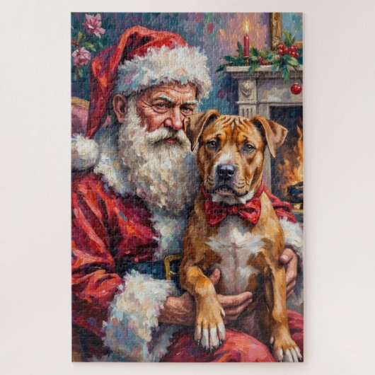 Puzzle Santa Claus Holding Pitbull Christmas Art (Vertical)