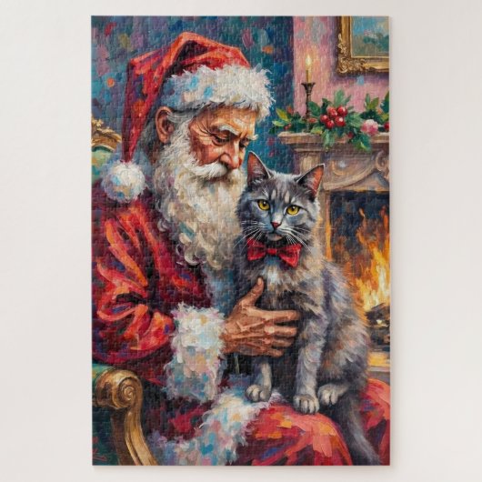 Puzzle Santa Claus Holding Russian Blue Cat Christmas Art (Vertical)