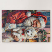 Puzzle Santa Claus Holding Samoyed Christmas Art (Horizontal)