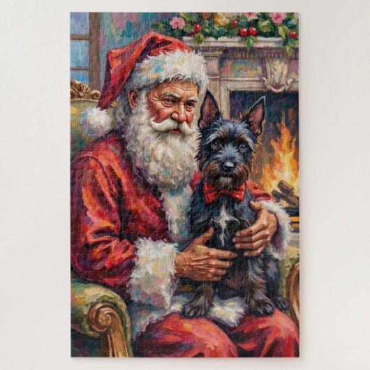 Puzzle Santa Claus Holding Scottish Terrier Christmas Art (Vertical)