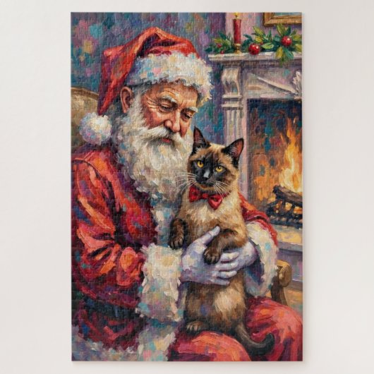 Puzzle Santa Claus Holding Siamese Cat Christmas Art (Vertical)