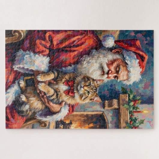 Puzzle Santa Claus Holding Siberian Cat Christmas Art (Horizontal)
