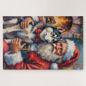 Puzzle Santa Claus Holding Siberian Husky Christmas Art (Horizontal)