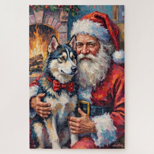 Puzzle Santa Claus Holding Siberian Husky Christmas Art (Vertical)