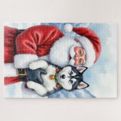 Puzzle Santa Claus Holding Siberian Husky Christmas Art (Horizontal)