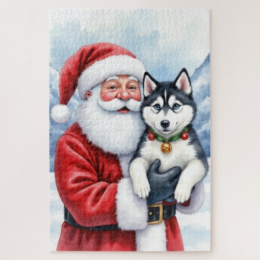 Puzzle Santa Claus Holding Siberian Husky Christmas Art (Vertical)