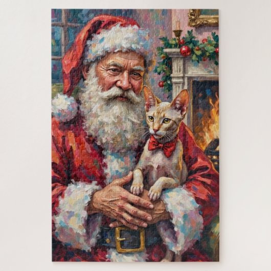 Puzzle Santa Claus Holding Sphynx Cat Christmas Art (Vertical)