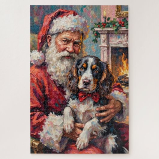 Puzzle Santa Claus Holding Springer Spaniel Christmas Art (Vertical)