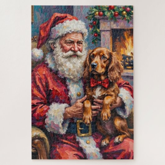 Puzzle Santa Claus Holding Sussex Spaniel Christmas Art (Vertical)