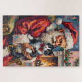 Puzzle Santa Claus Holding Tuxedo Cat Christmas Art (Horizontal)