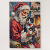 Puzzle Santa Claus Holding Tuxedo Cat Christmas Art (Vertical)