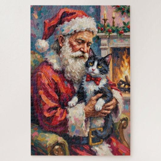 Puzzle Santa Claus Holding Tuxedo Cat Christmas Art (Vertical)