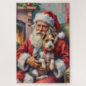 Puzzle Santa Claus Holding Wirefox Terrier Christmas Art (Vertical)
