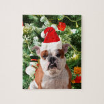Puzzle Santa Hat Bulldog Christmas Tree Snowman boîte cad<br><div class="desc">Mignonne photo Bulldog avec boîte cadeau de Noël Tree Snowman en arrière - plan. Un cadeau parfait pour Noël !</div>