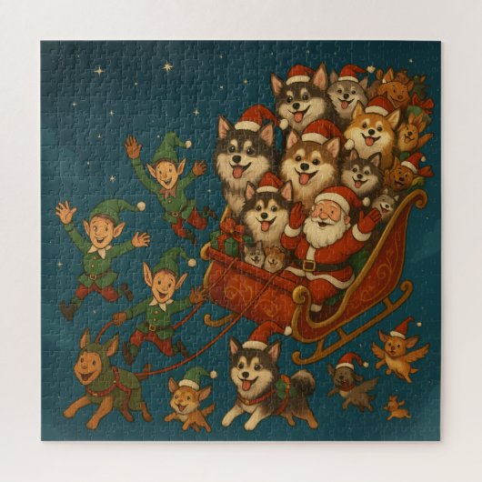 Puzzle Santa with joyous pups and elves! (Vertical)
