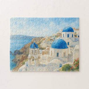 Puzzle Santorin Grèce Aquarelle Art de l'église à dôme bl