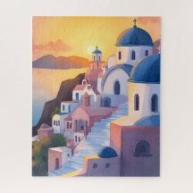 Santorini, Greece | Watercolor Coastline Sunset