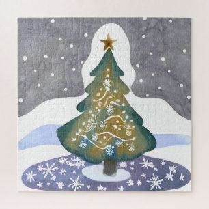 Puzzle Sapin de Noël Peinture d'hiver à l'aquarelle