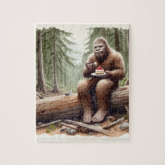 Puzzle Sasquatch dans une forêt moussue avec un gâteau au (Vertical)