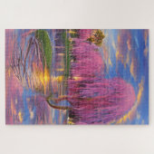 Puzzle Saule rose au coucher du soleil près de l'étang (Horizontal)