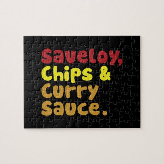 Puzzle Saveloy, chips & Curry Sauce. (Horizontal)