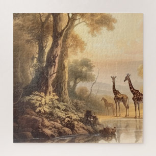 Puzzle Scène botanique vintage de girafes au bord du fleu