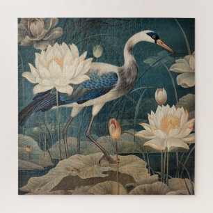 Puzzle Scène botanique vintage grue bleue et lotus