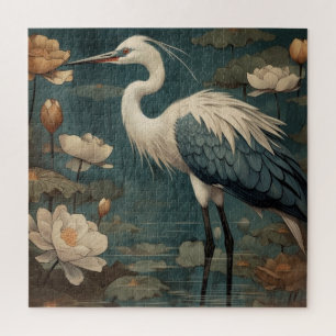 Puzzle scène botanique vintage grue bleue et lotus aussi