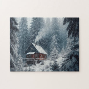 Puzzle Scène de cabane d'hiver avec neige et pins