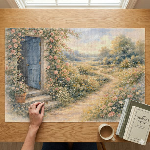 Puzzle Scène de chemin fleuri à la porte bleue du jardin 
