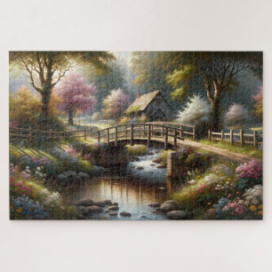 Puzzle Scène de cottage printanier au bord du pont dans u