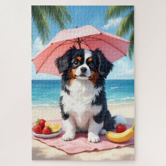 Puzzle Scène de détente sur la plage avec un Chin Japonai (Vertical)