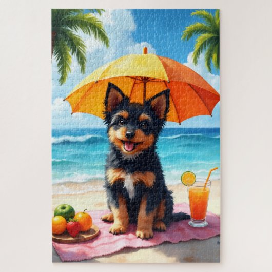 Puzzle Scène de détente sur la plage avec un Lowchen (Vertical)