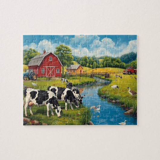 Puzzle Scène de ferme classique Vaches Grange rouge (Horizontal)