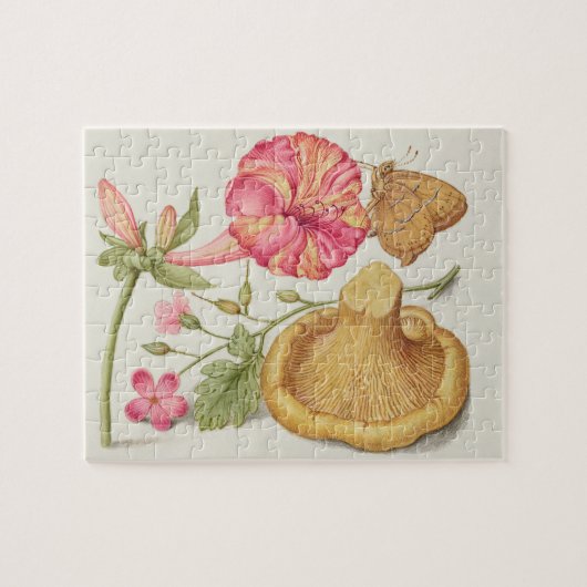 Puzzle Scène de jardin avec fleurs, papillon et champigno (Horizontal)