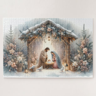 Puzzle Scène de Nativité Rustique avec Fleurs d'Hiver