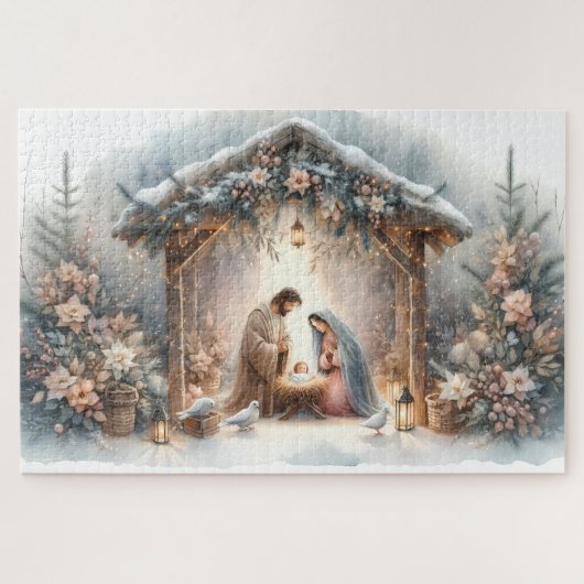 Puzzle Scène de Nativité Rustique avec Fleurs d'Hiver (Horizontal)