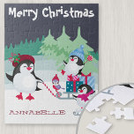 Puzzle Scène de neige mignonne de Penguin - Joyeux enfant<br><div class="desc">Puzzle personnalisé pour les enfants avec une jolie scène de neige de pingouin. Le modèle est prêt à vous permettre d'ajouter le nom de votre enfant dans la neige et, si vous le souhaitez, vous pouvez également modifier Joyeux Noël. Le design comprend une famille de pingouins heureux qui se promènent...</div>