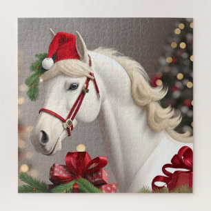 Puzzle Scène de Noël avec un cheval blanc et un chapeau d