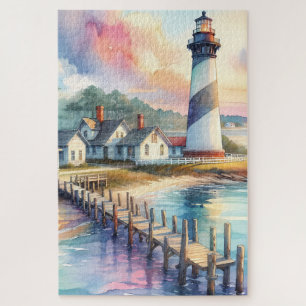 Puzzle Scène de phare côtier et cottages de plage