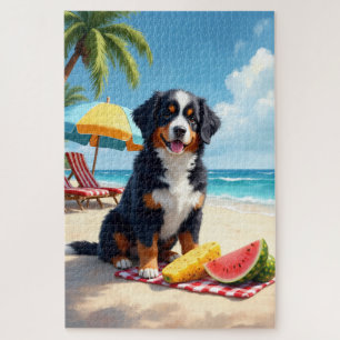 Puzzle Scène de pique-nique sur la plage avec un chien de