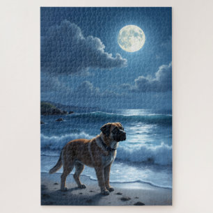 Puzzle Scène de plage au clair de lune avec un Bullmastif